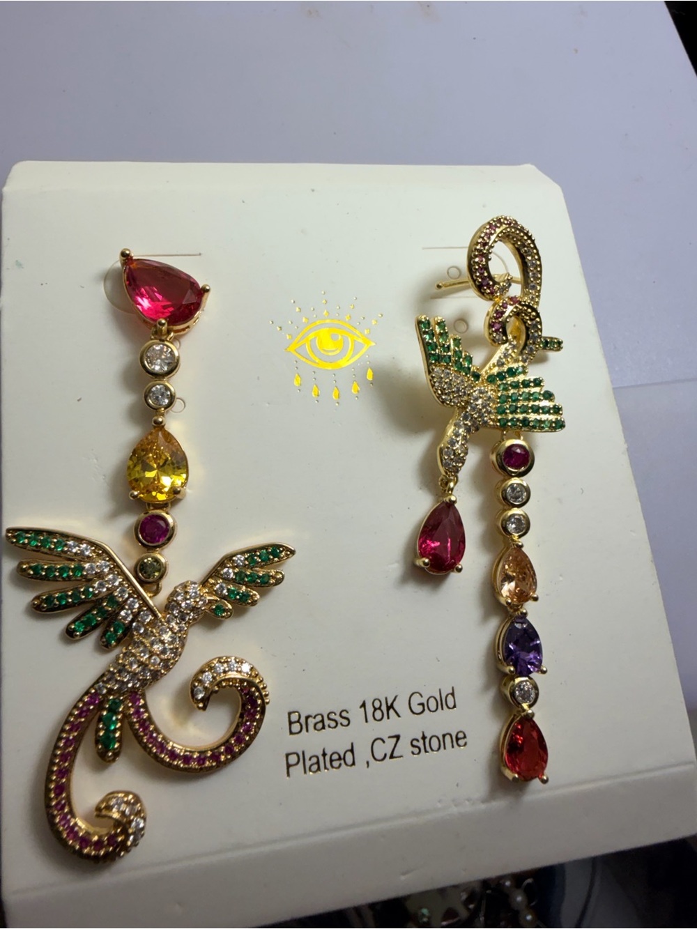 18K Gold Plated Multicolor Bird Drop Earrings - Brass CZ Accents NWT